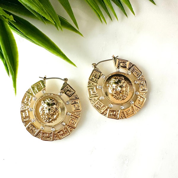 Medusa Round Hoop Earrings - Gold Earrings, Trendy Earrings, Dangle Earrings, Statement Earrings, Premium Earrings, Small Lion Face Earrings