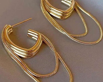 Multilayer Gold Circle Chain & Tassel Earrings - Trendy Gold Earrings, Fashion Earrings, Statement Earrings, Premium Earrings, Gift For Her