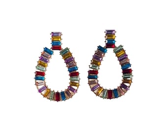 Rainbow Baguette Statement Earrings: Multicolor Crystal Gem Hoops, Teardrop Gemstone Earrings, Party Jewelry, Gift For Her