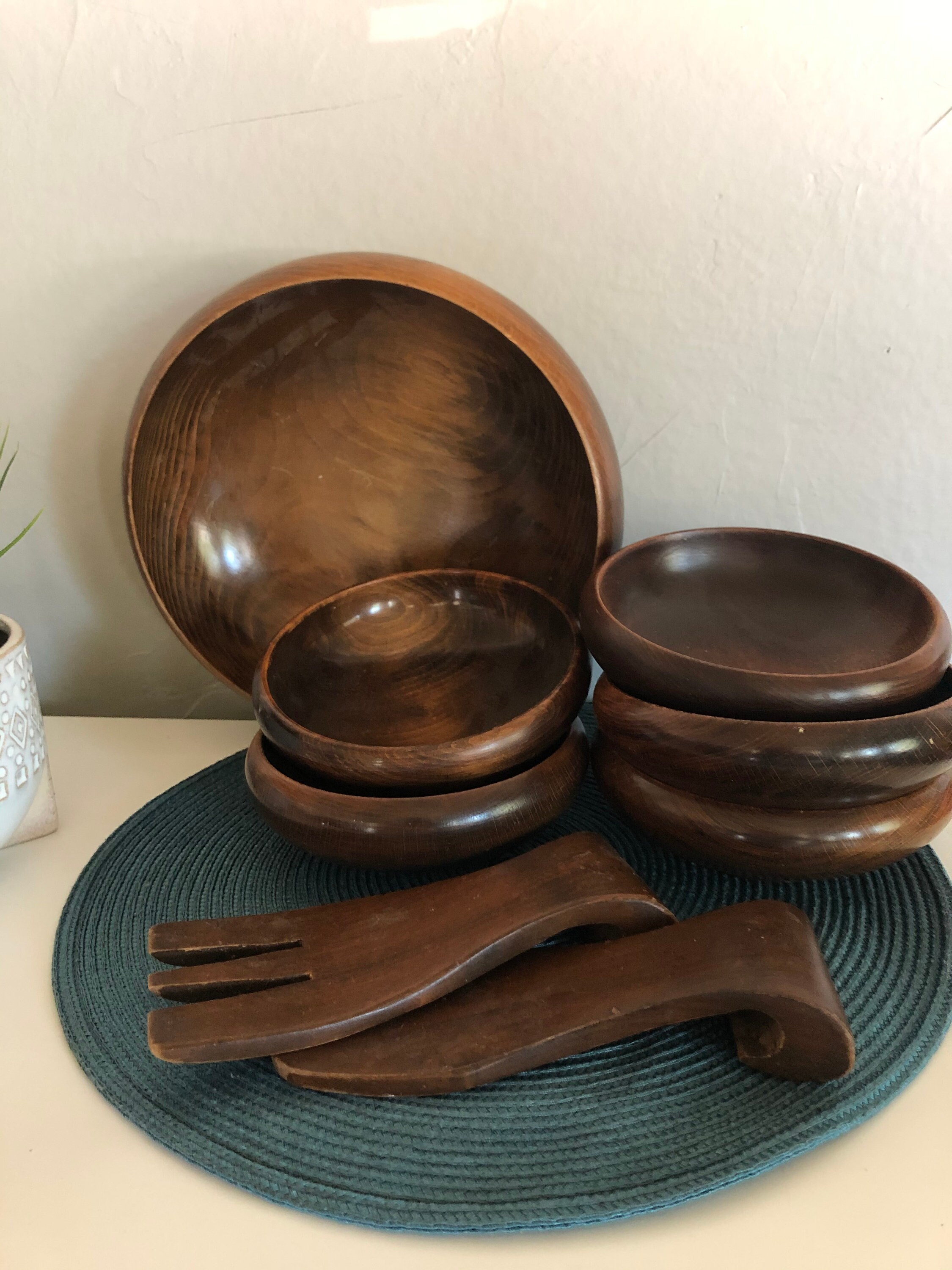 Vintage Salad Bowl Set Dark Wood Salad Bowl Set Set of Etsy