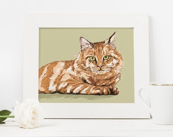 Tabby Cat Portrait, Digital Artwork Download, Cat Art, Gift, Memorial, Illustration, Brown White Grey Orange, Long Hair