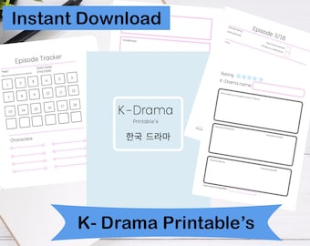 May include: Printable K-Drama tracker sheets with a blue background. The sheets include a calendar-style episode tracker, a rating section, and space to write notes about each episode.