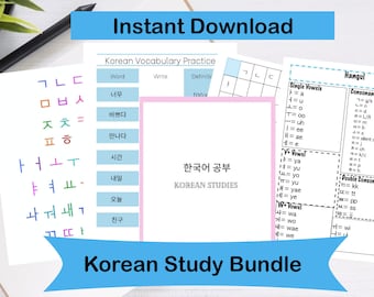 May include: A Korean study bundle with printable worksheets for learning the Korean alphabet, vocabulary, and grammar. The worksheets feature colorful charts and tables with Korean characters and English translations.