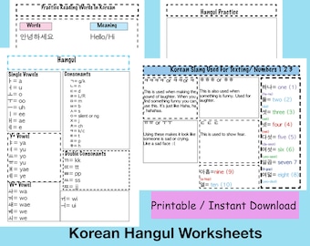 Korean Hangul Worksheets, Instant Download