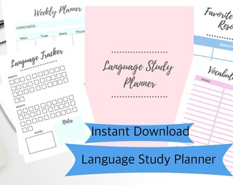 May include: A printable language study planner with a blue, pink and white colour scheme. The planner includes sections for weekly planning, language tracking, vocabulary and favourite language resources.