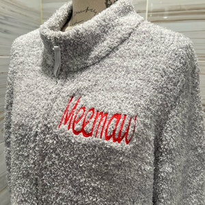 May include: Gray fuzzy zip-up sweatshirt with red embroidered text that says "Memaw".