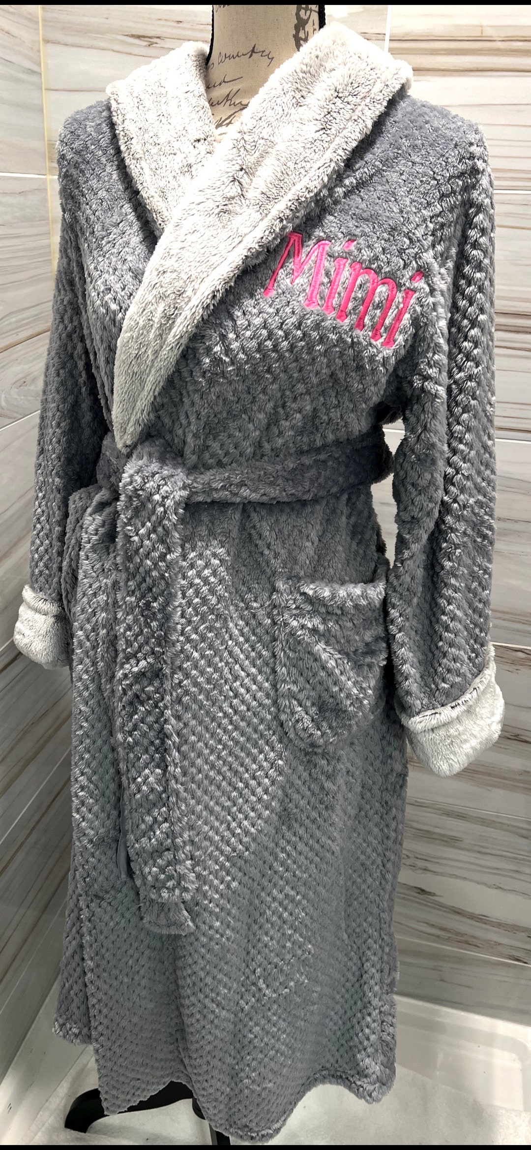 Gray/charcoal Plush Wrap Robe With Faux Fur Collar Personalized With ...