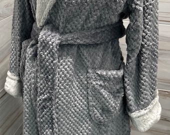 Gray/Charcoal Plush Wrap Robe with Faux Fur Collar Personalized with Custom Embroidery