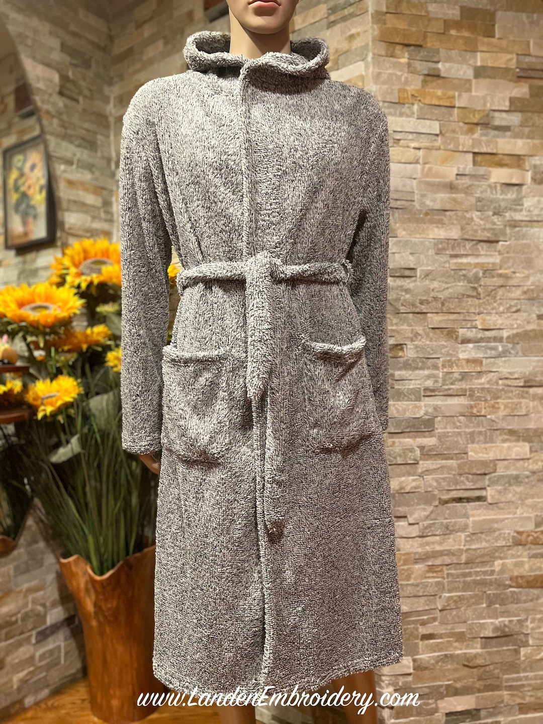 Men's Gray Hooded Teddy Robe Personalized With Custom Embroidery Etsy