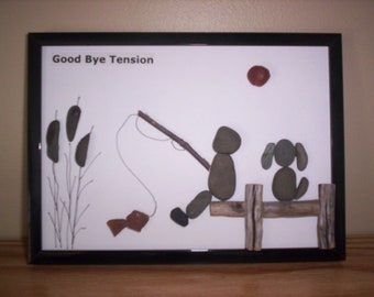 Pebble Art: Boy, Dog, and Fishing - River Rock Wall Decor (5x7)