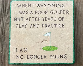 Funny Golf Trivet - Hand Painted Travertine Plaque, Golfer Gift (6"x6")