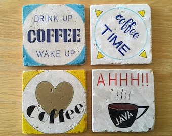 Hand Painted Coffee Coasters: Travertine Stone Tile, Set of 4