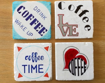 Hand Painted Marble Coffee Coasters - Original Design Set