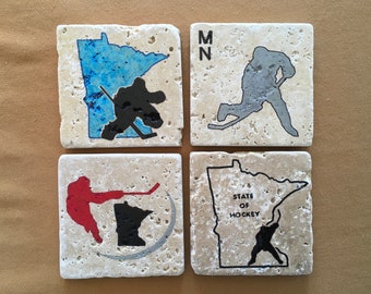 Hand Painted Stone Tile Coasters – Minnesota Hockey Fan Gift
