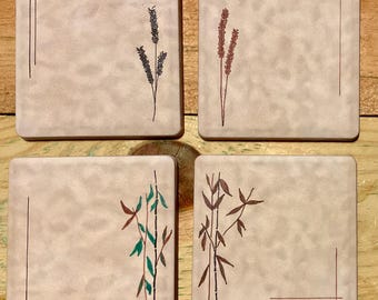 Hand Painted Ceramic Coasters: Bamboo & Grasses, Cabin Decor