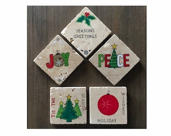 Hand Painted Holiday Coasters, Travertine Stone Set of 5