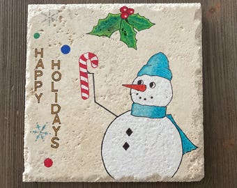 HOLIDAY Trivets - Enjoy the holidays!  Original designs, hand-painted on travertine stone tile. 8” x 8” size.