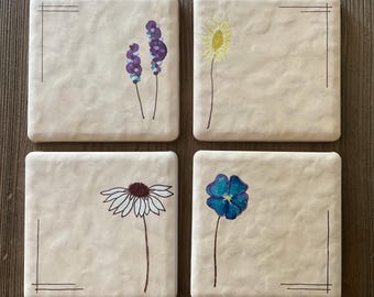 Ceramic Tile coasters - WILDFLOWERS /coaster set/original hand painted design/nature/home decor/cabin life/drink ware/housewarming gift