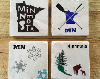 MINNESOTA Themed Coasters/tumbled stone tile/drink ware/bar ware/original design/hand painted/coaster set/for the cabin/Minnesota/gift