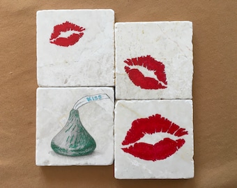 CANDY KISSES - Coaster set/marble tile coasters/ROMANCE/gift idea/Valentines/love and affection/original design/hand painted/drinkware