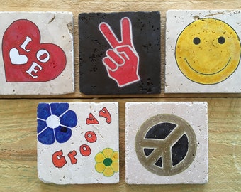 Coasters - RETRO, vintage/travertine stone coasters/drink coasters/Stone tile coaster sets/gift/nostalgia/retro/memories/60s/Woodstock