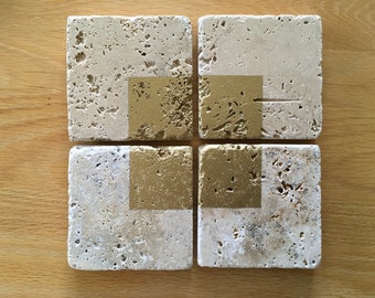 Travertine Stone Coaster Set - Gold Accent, Housewarming Gift