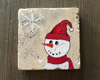 Snowman Coasters: Hand Painted Stone Winter Decor, Set of 4