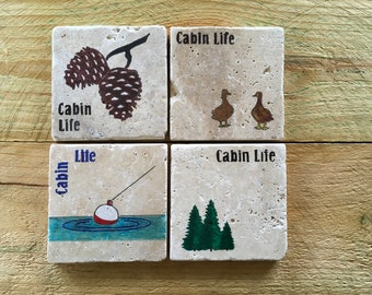 CABIN LIFE - Themed Coasters/tumbled stone tile/drink ware/bar ware/original design/hand painted/coaster set/for the cabin/Minnesota/gift