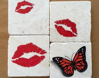 Marble Coasters - BUTTERFLY KISSES - Coaster set/ROMANCE/gift idea/love/affection/original design/hand painted/drink ware/heart variation