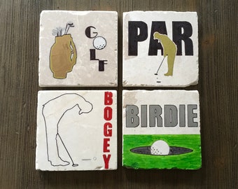 GOLF Coasters #2- Marble tile coasters/Drink coasters/Coaster set/Bar ware/ Hand painted/Original design/Ceramic tile coasters/Golf
