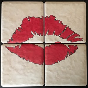 BIG KISS or GOLDEN kiss - Coaster set/tile coasters/romance/gift idea/Valentines/love and affection/original design/hand painted/drinkware