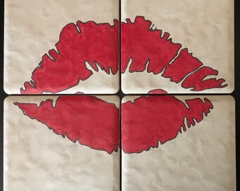 BIG KISS or GOLDEN kiss - Coaster set/tile coasters/romance/gift idea/Valentines/love and affection/original design/hand painted/drinkware