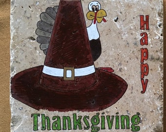 Hand-Painted Thanksgiving Trivet - Travertine Stone Tile, Holiday Hostess Gift