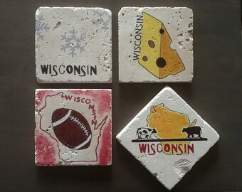 Stone Tile Coasters - WISCONSIN Themed/travertine coaster set/drink ware/bar ware/original design/hand painted/for the cabin/Wisconsin/gift