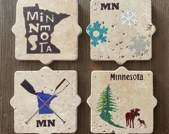 Minnesota Stone Tile Coaster Set – Hand-Painted Cabin Decor