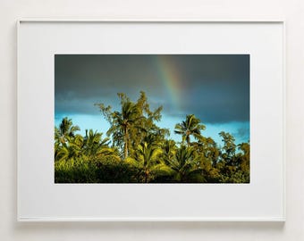Fine Art Photography Print - Hawaii rainbow and palm trees at sunset photo wall art print