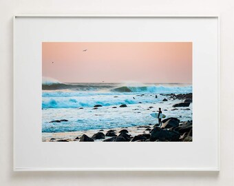 Fine Art Photography Print - Surfer looking at waves on rocky coast in New England coastal home decor print