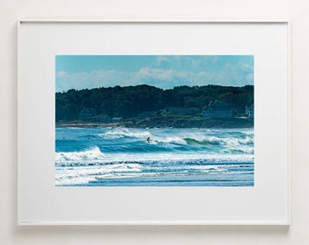 Fine Art Photography Print - Surfer on rocky shore with houses coastal home landscape photography decor