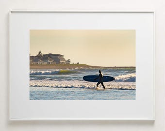 Fine Art Photography Print - Cold water surfer with long board walking out of water on New England beach coastal home decor