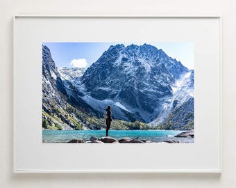 Fine Art Photography Print - Hiker and mountain lake sunny day adventure home decor print