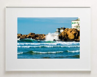 Fine Art Photography Print - Cold surfer rocky beach New England coastal home decor