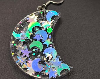 Bold SPACE STAR MOON mismatched resin statement earrings. One of a kind. Handmade glitter earrings. Single earrings.