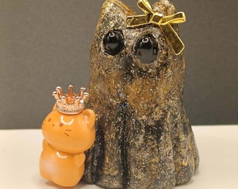 Midnight & Marmalade | Handmade Ghost Cat Figurine | Gothic Cat Crowned Companion | Witchy Decor | Fantasy Cat Ornament | Halloween Gift