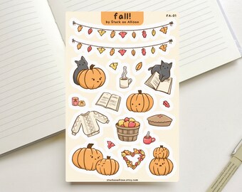 Autumn Vibes Sticker Sheet | Black Cat Fall Leaves Planner Stickers | Pumpkin Kawaii Stickers | Planner Notebook Journal | 4 x 6 inch