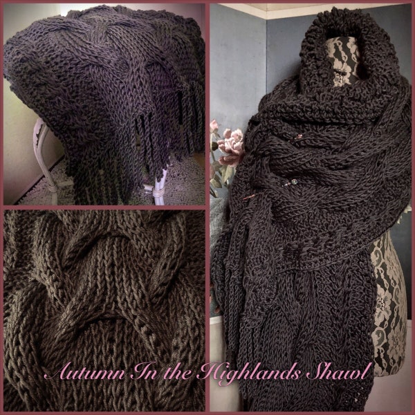 Oversized Tunisian Crochet Cable Shawl Instant Download PDF Pattern: Autumn in the Highlands Chunky Wrap with Twisted Fringe