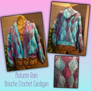 May include: A crocheted cardigan in a blue and purple color scheme with a hooded neckline. The cardigan has a diamond pattern and is called "Autumn Rain Brioche Crochet Cardigan".
