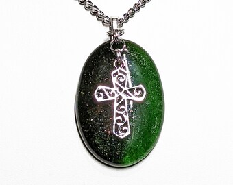 Fused Forest Green and Green Glass Pendant with Silver Tone Cross