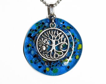 Fused Teal and Multicolored Glass Pendant with Silver Tone Tree of Life