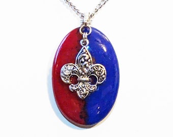 Fused Red and Blue Glass Pendant with Antique Silver Tone Fleur de Lis