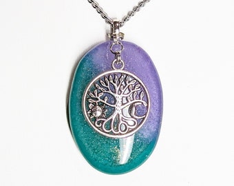 Fused Green and Lavender Glass Pendant with Antique Silver Tone Tree of Life